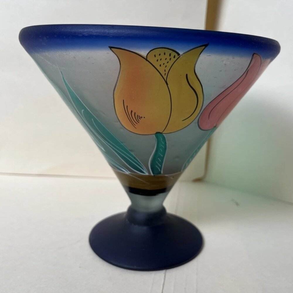Hand Painted Mexican Margarita Glass Pedestal Cocktail Bowl Blue Floral